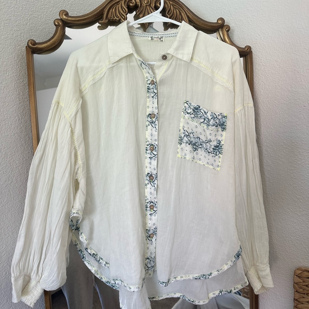 Free People Cream Button Down Shirt with Floral Accents